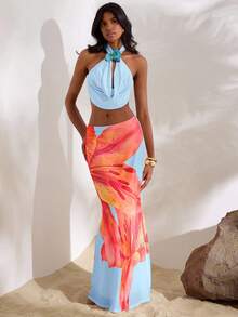 Opulessa Baby Blue Halter Top With Draped Front In Knitted Fabric, Backless Halter Top, Fall Winter - Baby Blue - View 6