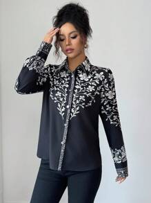 Elenzga 女士优雅秋季度假印花梭织衬衫