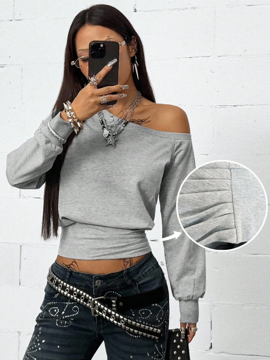 Coolane Women's Fall Y2K Streetwear Casual Going Out Minimalist Daily Wear Essentials Fashion Asymmetrical Neck Grey Fitted Sweatshirt - Grey - View 1