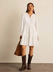 SHEIN VCAY Plus Size Solid Color Minimalist Long Sleeve Casual Dress Long Sleeve Fall Dress  White Lace Dress Country Going Out Airport Outfit Resort Wear Women - White - View 5