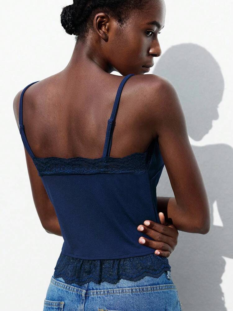 SHEIN Maija Women's Navy Blue Lace Patchwork Lace-Up Front Camisole, Sexy Beach Holiday Casual Top For Breakfast, Vacation Lace Up Top Tie Up Top Tops For Women