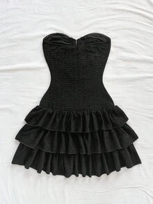 Soleia Women's Fashionable & Elegant Strapless Tiered Mini Dress - Black - View 2