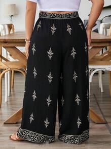 SHEIN CURVE+ Plus Size Women's Geometric Print Loose Linen Casual Pants, Breathable Summer - Black - View 9