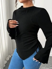 Elenzga Plus Size Women's Solid Color Frill Trim Flare Sleeve Side Drawstring Fashionable T-Shirt Fall Cloth For Women