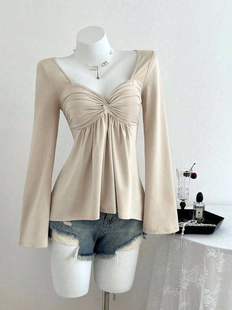 Elamini T-shirt à manches longues col V avec torsade, style décontracté pour femmes. Polyvalent, nouveau style, printemps/automne