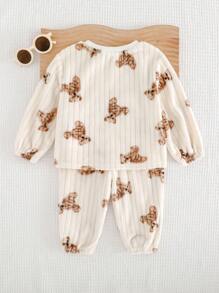 Cozy Pixies 2pcs Baby Girl Cartoon Bear Pattern Fleece Crew Neck Long Sleeve Sweatshirt And Elastic Waist Pants Set Fall Winter - Multicolor - View 2