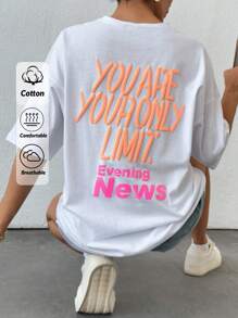 EURMUSE 女士 100% 纯棉标语图案宽松 T 恤