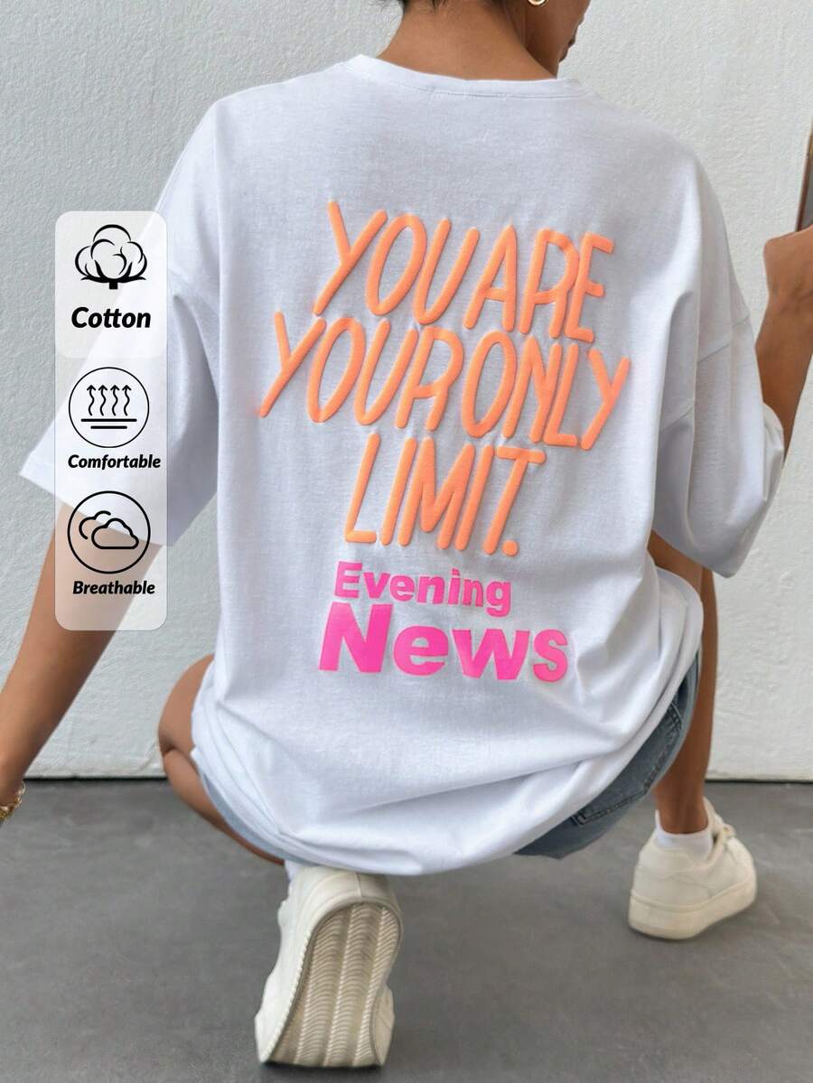 EURMUSE 女士 100% 纯棉标语图案宽松 T 恤