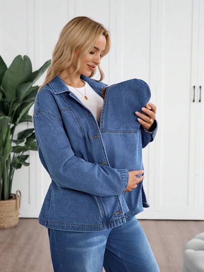 SHEIN 孕妇装 秋季 秋冬 返校季 返校节 万圣节 圣诞节 街头风 生日 机场 商务休闲 女装 乡村 复古 低调 老钱 商务休闲 女装 工作 教师 女装 教堂 女装 休闲水洗 三合一哺乳牛仔外套 宽松版型 女式牛仔外套 带婴儿背带 功能齐全 女式牛仔外套 完美适合忙碌的妈妈们