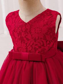 Glamorique Kids 女婴优雅蕾丝撞色网眼蝴蝶结装饰公主裙 - 酒紅色 - 查看 7