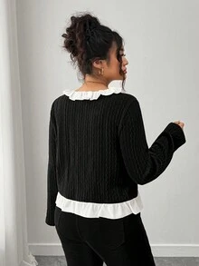 Elenzga Plus Size Elegant Commuter Color Block Ruffle Tie Jacket Fall Winter Cloth For Women Autumn - Black - View 2