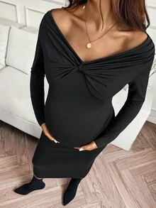 SHEIN Fall Clothes,Autumn Clothes,Maternity Autumn Clothes Maternity Elegant, Homewear, Fashionable Long Sleeve Maternity Midi Dress Maternity Dress Black Maternity Dress Pregnancy Dress Off The Shoulder Maternity Dress