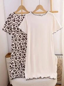 2pcs Tween Girl Round Neck Short Sleeve Leopard Print Nightgown Loungewear