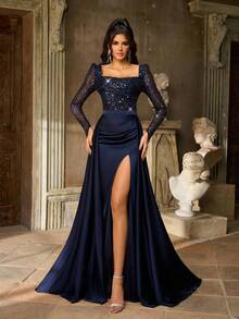 Aureia Elegante vestido de noche formal con escote pronunciado delantero, mangas largas, detalles de lentejuelas azules, patchwork de satén y gasa, abertura lateral alta y cola de pez con caída drapeada en la espalda - Azul Marino - Ver 8