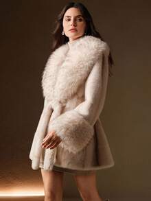 Anewsta 女士优雅仿皮草领收腰时尚仿皮草外套 - 杏色 - 查看 5