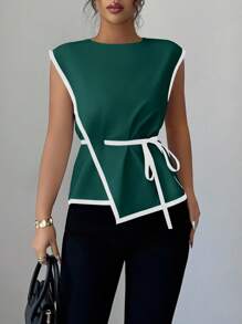 Elenzga Camisa elegante de contraste de color que ciñe la cintura para mujer