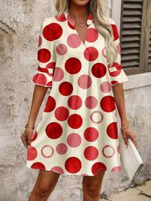 SHEIN Clasi Pink Polka Dot Print Casual Vacation Style Mini Dress, Suitable For Summer & Autumn, Vacation & Party Polkadot Dress Chic Dress