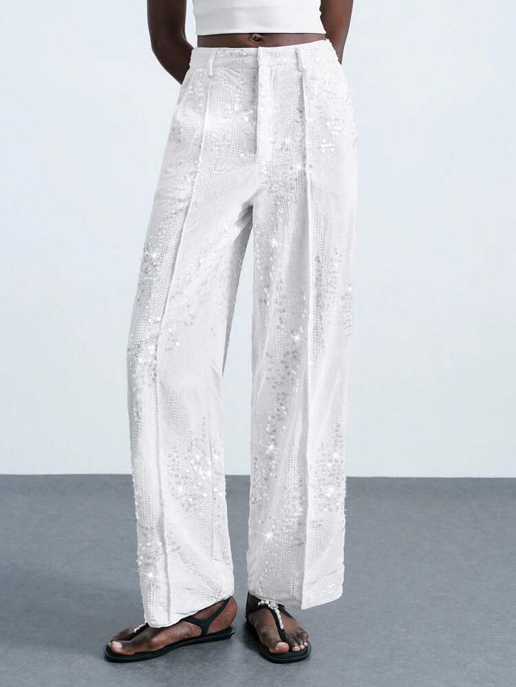 SHEIN Maija 2026 Women's Solid Color Pocket Straight Loose Sequin Embellished Pants Fall, Halloween, Elegant, Goth, White Pants,Distinctive Texture, Old Money Style,Business Casual,Elegant
