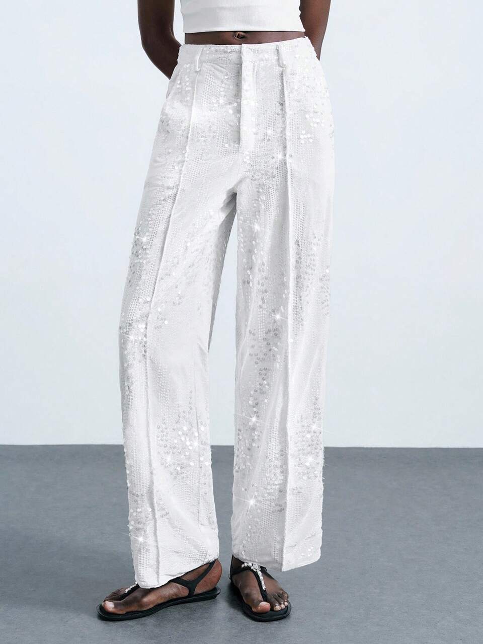 SHEIN Maija 2026 Women's Sequin Embellished White Pants,Elegant Summer Holiday Dinner Straight Loose Pocket Trousers,Business Casual Old Money Style,Halloween