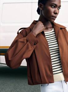 Maija Veste longue zippée ample de couleur unie pour femmes, veste marron, veste zippée marron, veste bomber marron pour femmes, vêtements d'automne pour femmes