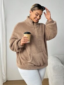 SHEIN PETITE CURVE Plus Size Solid Color Half Zip Pocketed Long Sleeve Sweatshirt, For Winter Graduation,Back To School Outfits,Graduation,Teacher Outfits For Women,Back To School Petite Plus Size Sweatshirts Plus Size Teddy Hoodie Plus Size Sherpa Sweatshirts Plus Size Fleece Hoodie Plus Size Zip Up Hoodie Fall Autumn
