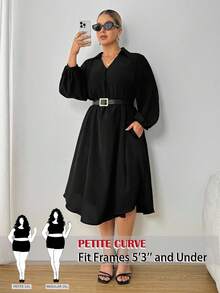 SHEIN PETITE CURVE 大码女式时尚休闲宽松舒适清凉日常黑色 V 领长袖中长连衣裙、保守连衣裙、女式教堂服装、老钱风格、女式端庄服装、曲线黑色连衣裙、春季服装娇小女装灯笼袖连衣裙大码黑色优雅连衣裙女式娇小连衣裙娇小曲线连衣裙 - 黑色 - 查看 1