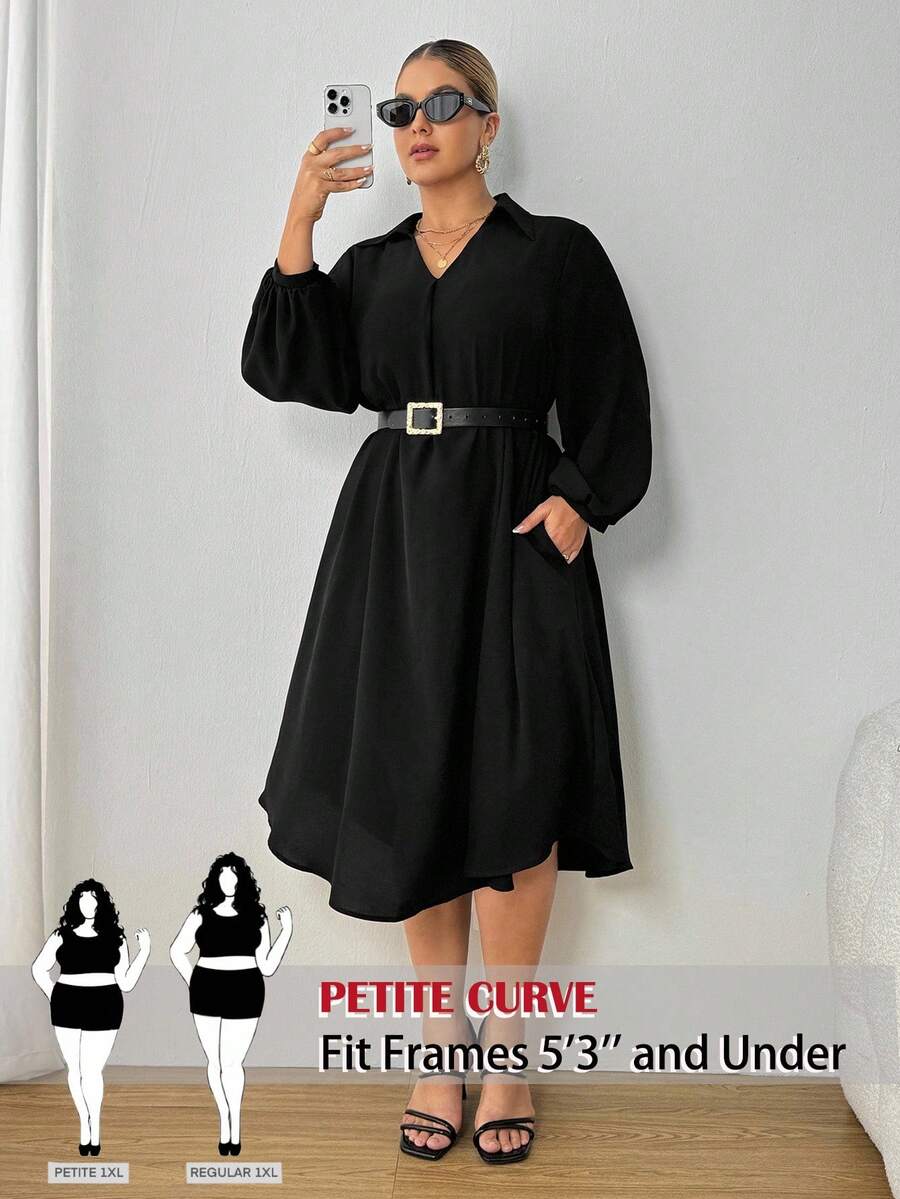 SHEIN PETITE CURVE 大码女式时尚休闲宽松舒适清凉日常黑色 V 领长袖中长连衣裙、保守连衣裙、女式教堂服装、老钱风格、女式端庄服装、曲线黑色连衣裙、春季服装娇小女装灯笼袖连衣裙大码黑色优雅连衣裙女式娇小连衣裙娇小曲线连衣裙 - 黑色 - 查看 1