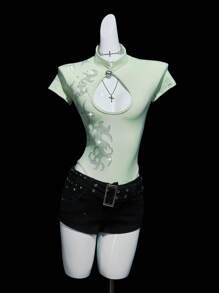 SHEIN ICON 女士绿色水钻装饰前后镂空高领紧身衣 - 黑色 - 查看 8