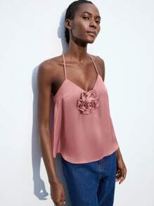 Maija Women's Summer Bubble Gum Pink Floral 3D Decor Tie-Back Halter Neck Tank Top, Casual Business Commute Elegant Vacation Off Shoulder Blouse