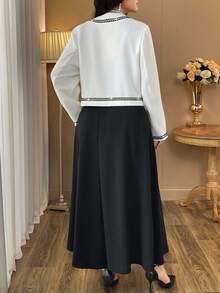 Auvina 大码圆领外套+法式吊带裙，复古时尚优雅撞色吊带设计外套，适合日常约会聚会教师装春秋女装，简约返校通勤 - 黑與白 - 查看 2