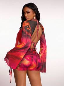 Radiana Women's Summer Sexy Sheer Mesh Marble Tie-Dye Floral Print Casual Vacation Outfit - Backless Long Sleeve Draped Neck Cover Up + Spaghetti Strap Bra Top + Drawstring Ruched Shorts 3-Piece Set, Island Holiday Beach Wear, Bikini Cover Up - Hot Pink - View 2