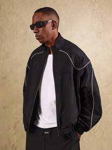 SUMWON Áo khoác thể thao ống phản quang có khóa kéo phía trước, cạp chun, khóa kéo toàn bộ, áo khoác ngoài mùa thu đông, áo khoác thường ngày không có cấu trúc, cổ đứng và túi bên hông - màu đen - Xem 5