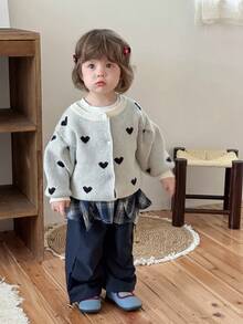 DAZY Baby Girls' Round Neck All-Over Heart Print Cute Long Sleeve Cardigan Fall/Winter - White - View 8
