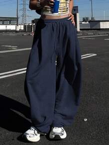 DAZY 女士纯色宽松褶皱运动裤，休闲运动裤，保暖内衬，厚款，适合秋冬季女士慢跑裤 - 藏蓝色 - 查看 5