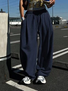 DAZY 女士纯色宽松褶皱运动裤，休闲运动裤，保暖内衬，厚款，适合秋冬季女士慢跑裤 - 藏蓝色 - 查看 8