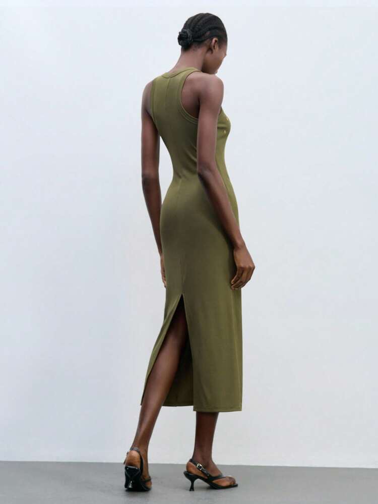 SHEIN Maija Women's Long Solid Color Dress, Fashionable For Summer Olive Green Dress Army Green Dress Sequin Dress Gold Sequin Dress Floral Applique Dress