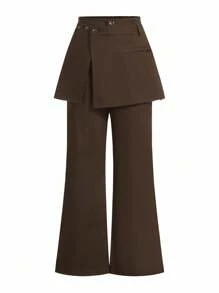 SHEIN x PRISCILA & JIMENA DAZY Conjunto de 2 piezas de falda y pantalones de unicolor con diseño de capa en la cintura, marrón moca, casual de negocios para todas las estaciones, otoño