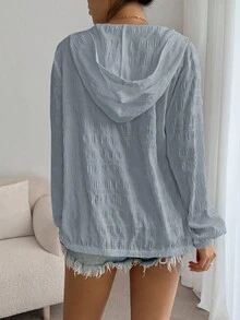 SHEIN Essnce 秋冬女士休闲纯色纹理连帽夹克 - 霧霾藍 - 查看 2