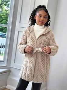 SHEIN Girls' Basic Casual Cute New Hooded Warm Jacket, Autumn/Winter - Camel - View 3