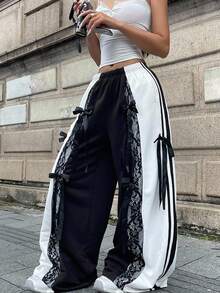 Coolane Quần nỉ ống rộng màu đen phối ren nơ tương phản phong cách đường phố cổ điển Y2K cho lễ hội Rave mùa thu dành cho nữ - Đen và trắng - Xem 5