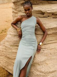 Lumivelle Sage Green,Summer,Chic,Vacation,Holiday Women's Textured Knit One Shoulder Maxi Dress, Open Back Ruched Bodycon Slit Hem Cocktail Party Dress - Green - View 7