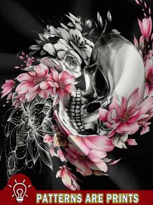 SHEIN EZwear Women's Casual Skull & Lotus Floral Pattern Tank Top, Suitable For Summer