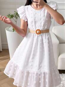 SHEIN 青少年女孩瑞士圆点短袖连衣裙，适合大童、度假、夏季和旅行 - 白色 - 查看 7
