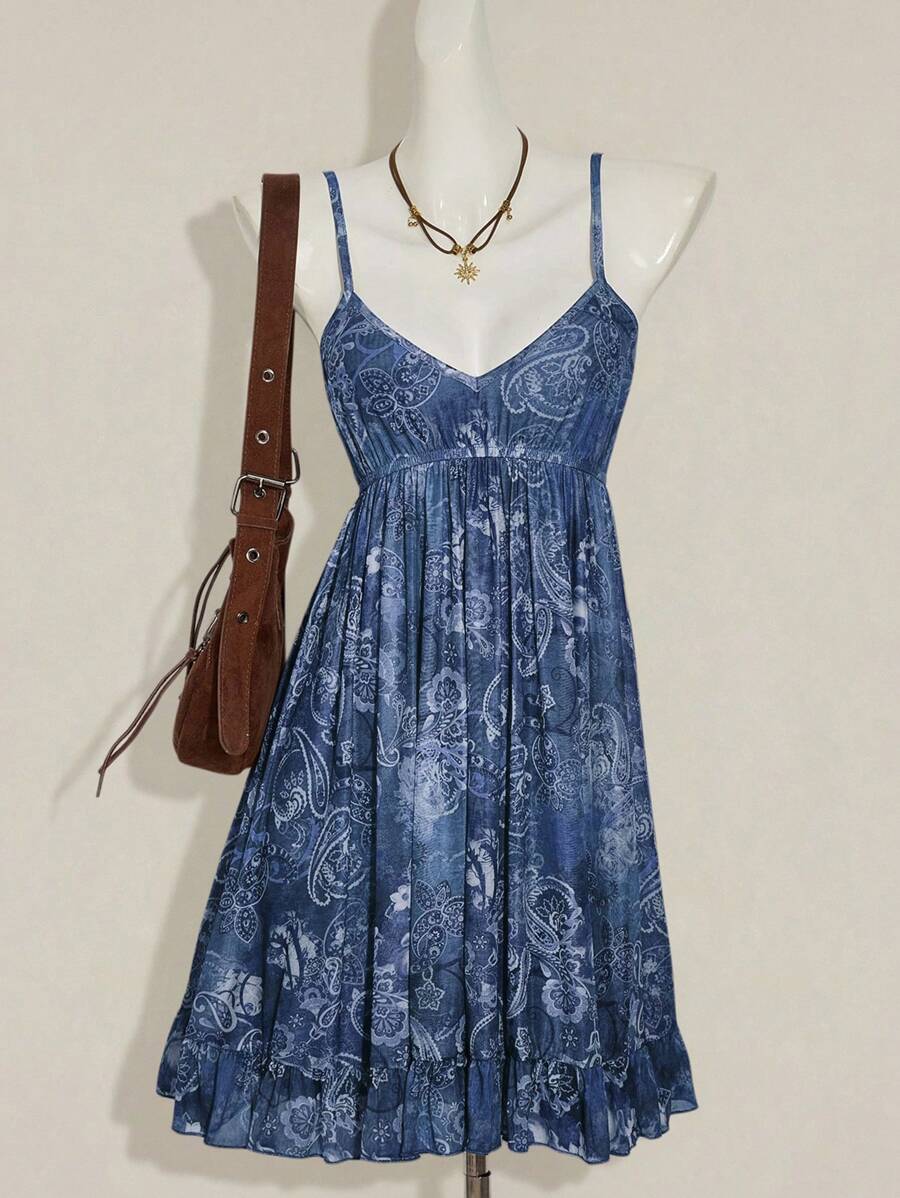 SHEIN ICON Vestido casual de vacaciones con estampado de paisley, de corte holgado, con tirantes de espagueti y malla, en estilo vintage bohemio hippie Y2K - Azul - Ver 1