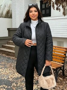 SHEIN EZwear 冬季加大码加厚长款外套 - 黑色 - 查看 4