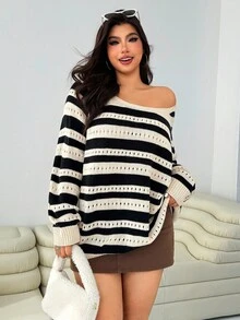 SHEIN EZwear 大码女式条纹镂空插肩袖宽松休闲套头衫女式条纹套头衫大码女式套头衫秋冬装 - 彩色 - 查看 1