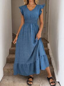 Easowa Shirred Cap Sleeve Drawstring Waist Ruffle Hem Flowy Dress, Casual Resort Wear For Women Boho - Blue - View 7