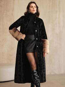 Anewsta Women's Fashionable & Elegant Long Black Faux Mink & Faux Fox Fur Cuff Jacket, Autumn/Winter - Black - View 7