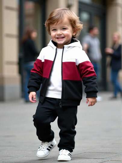 SHEIN Toddler Boys' Casual Versatile Color Block Zip-Up Long Sleeve Hoodie Jacket, Suitable For Spring, Autumn And Winter, Daily Wear
