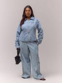 MUSERA Plus 超漂白灯笼裤，褶裥设计，可爱假日优雅高贵酷女孩休闲居家牛仔裤，女士款 - 藍色 - 查看 2